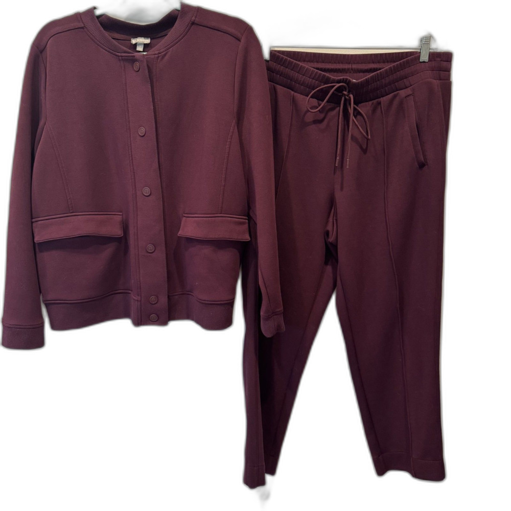 Talbots AirKnit Stretch Bomber Jacket Pants Sweat Set Cozy Burgundy Women 1X
